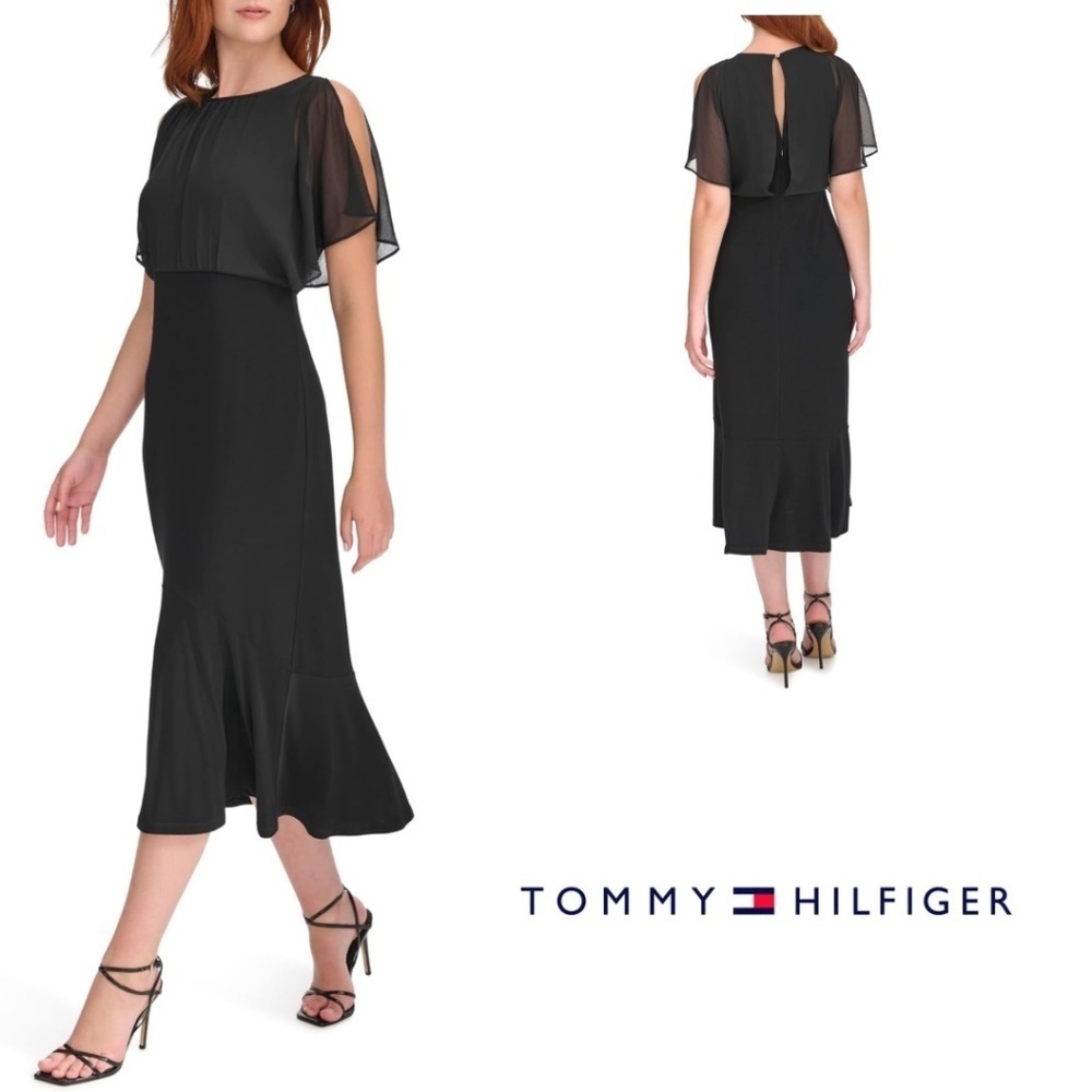 NWOT Tommy Hilfiger Sheer Overlay Keyhole Neck Jersey/Chiffon Midi Dress Size4